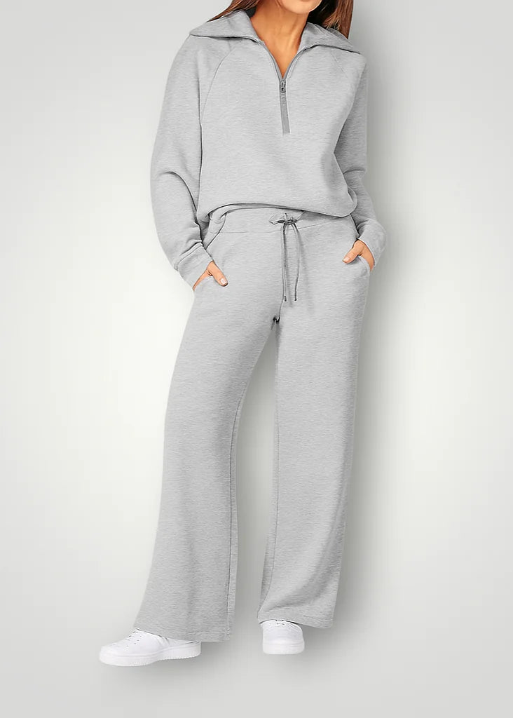 Grey Women's Half-Zip Lounge Set with Wide-Leg Drawstring Pants - Studio Pose