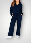 Navy Women's Half-Zip Lounge Set with Wide-Leg Drawstring Pants