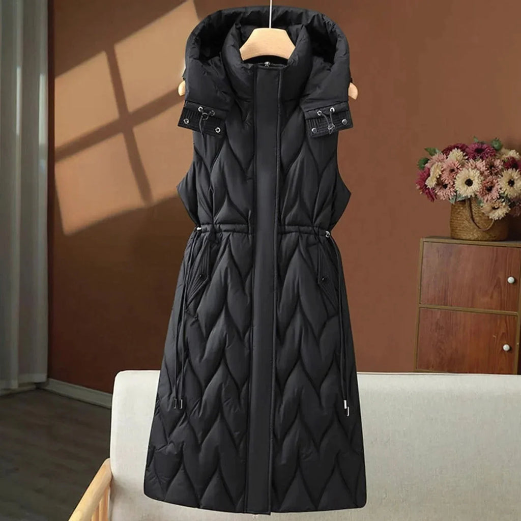 Black Women's Quilted Hooded Vest with Drawstring Waist & Lightweight Thermal Fill
