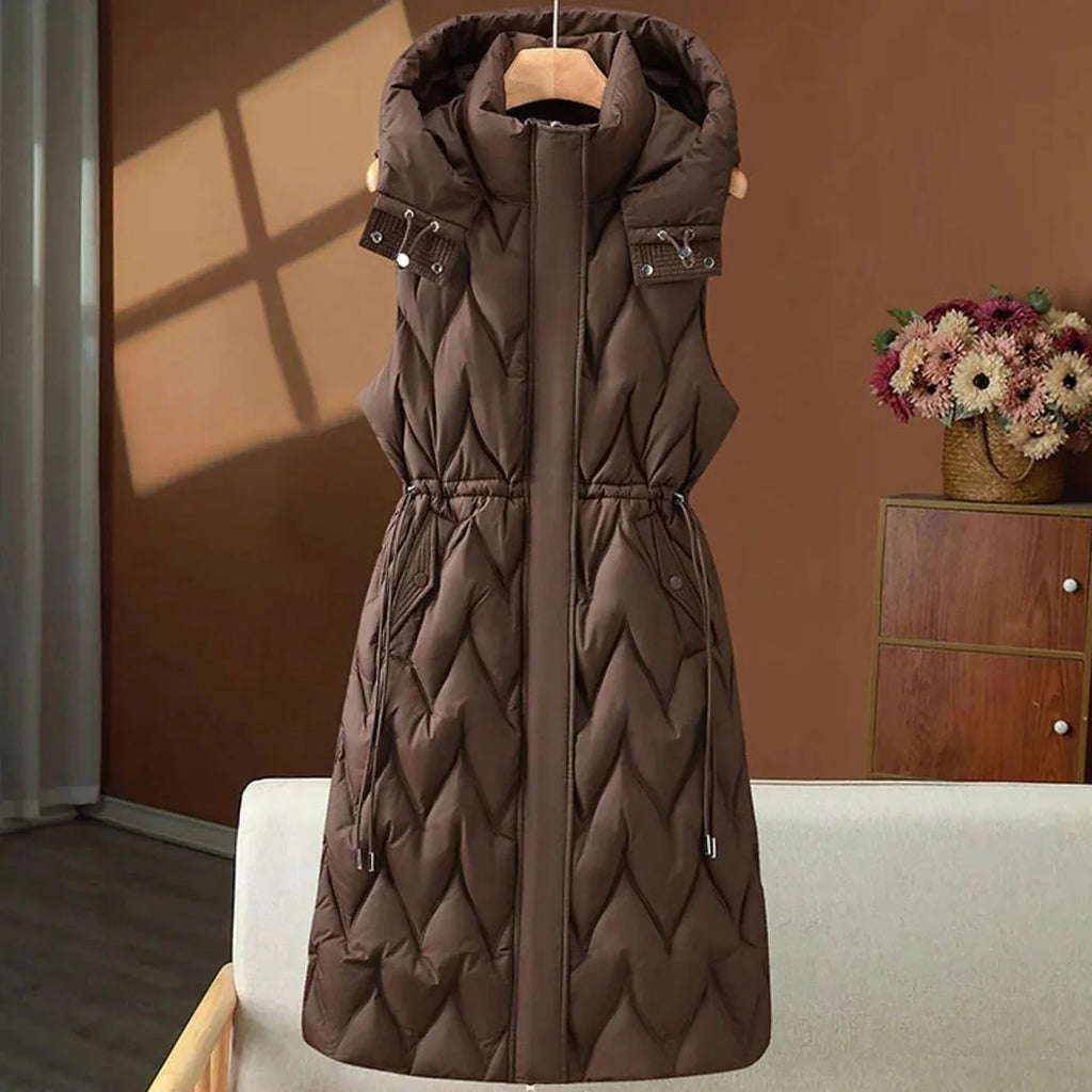 Brown Women's Quilted Hooded Vest with Drawstring Waist & Lightweight Thermal Fill