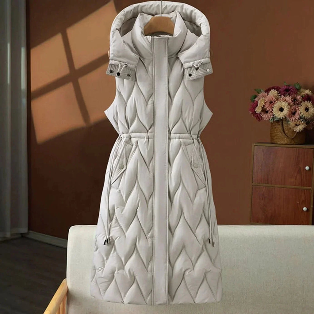 Off-White Women's Quilted Hooded Vest with Drawstring Waist & Lightweight Thermal Fill