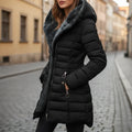 Black Women's Hooded Quilted Winter Coat with Zip Pockets & Structured Fit