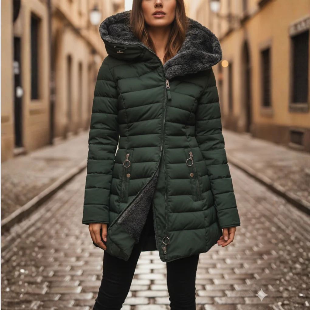 Green Women's Hooded Quilted Winter Coat with Zip Pockets & Structured Fit