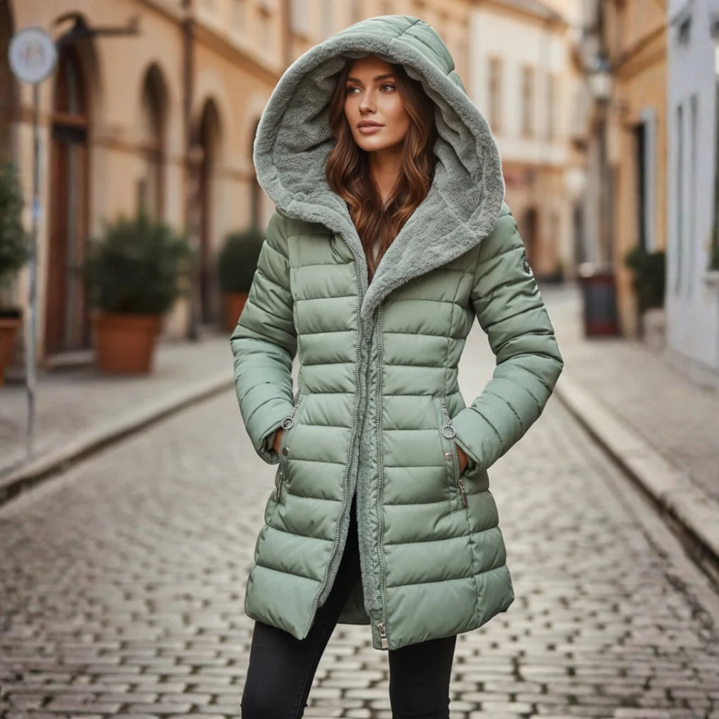 Light Green Women's Hooded Quilted Winter Coat with Zip Pockets & Structured Fit