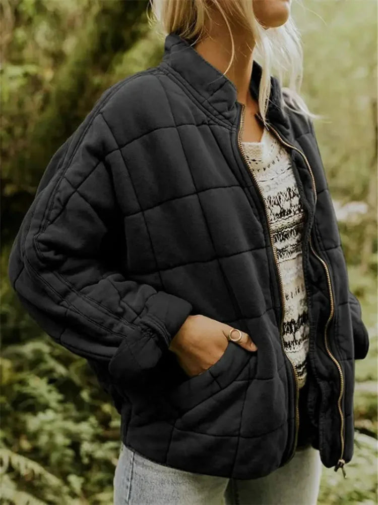 Black Women's Quilted Jacket with Relaxed Oversized Fit