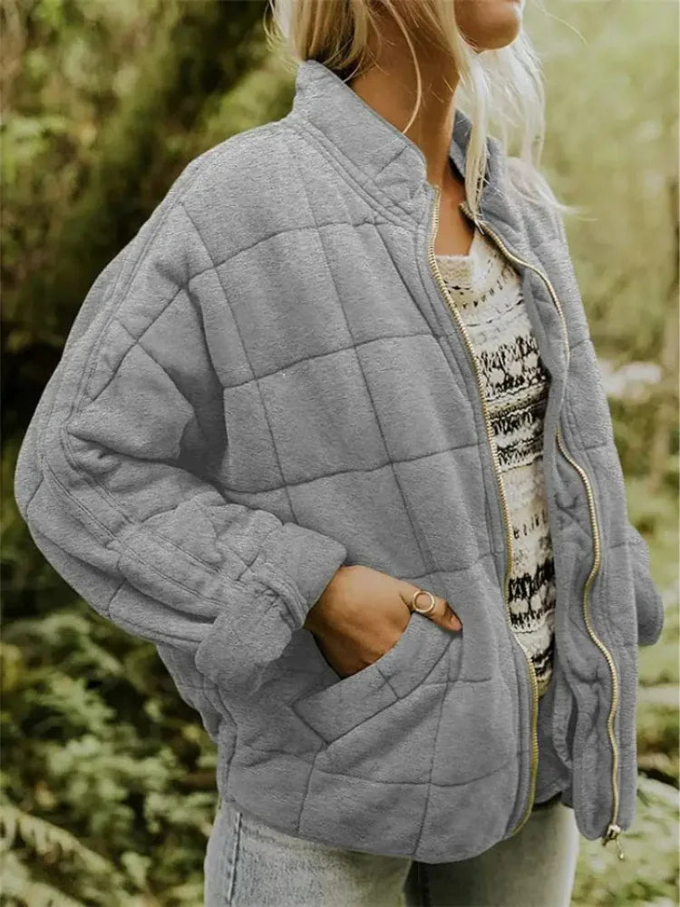 Grey Women's Quilted Jacket with Relaxed Oversized Fit