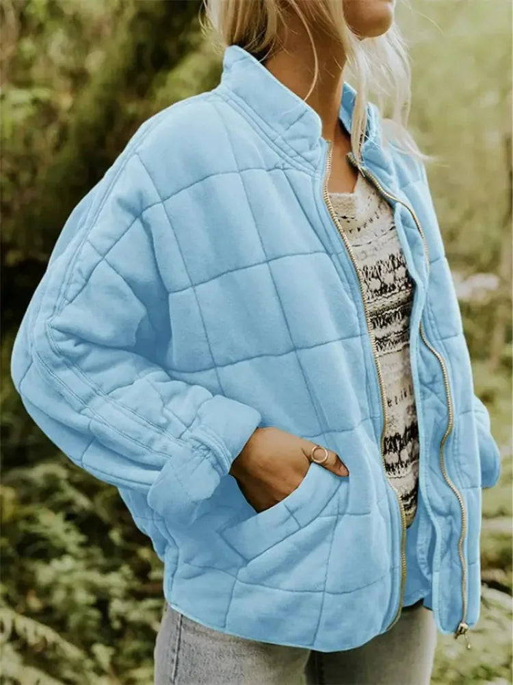 Light Blue Women's Quilted Jacket with Relaxed Oversized Fit