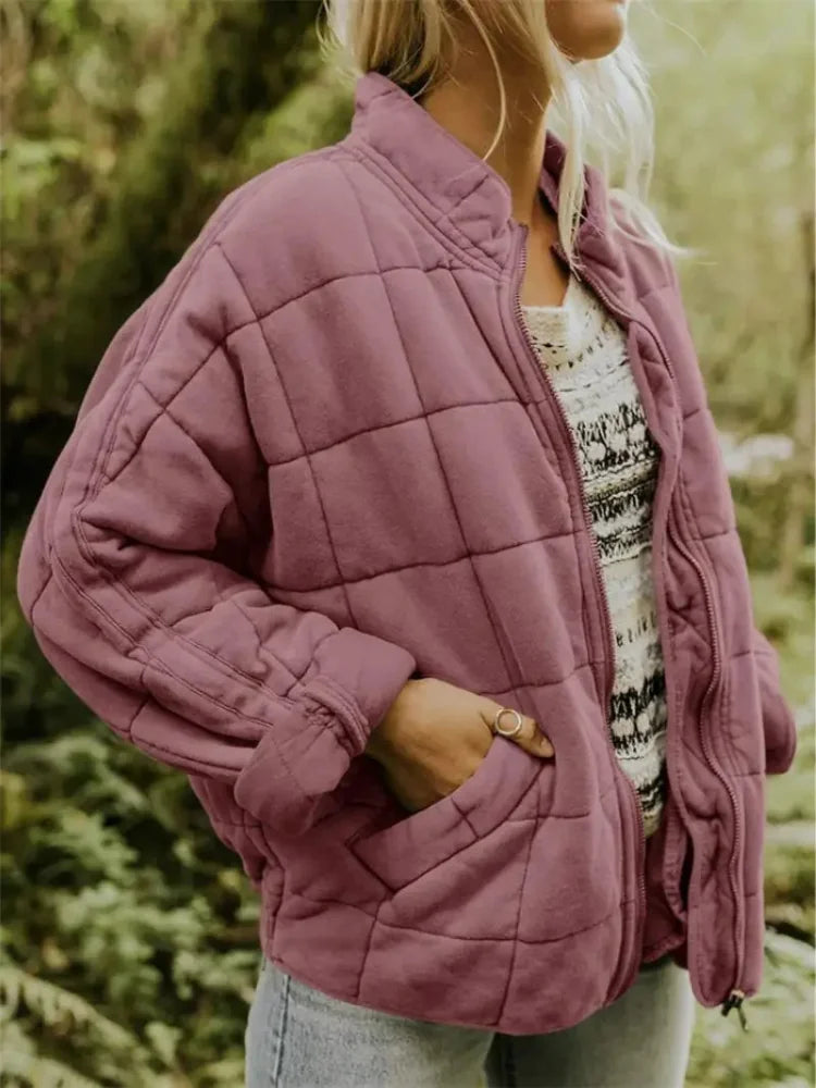 Pink Women's Quilted Jacket with Relaxed Oversized Fit