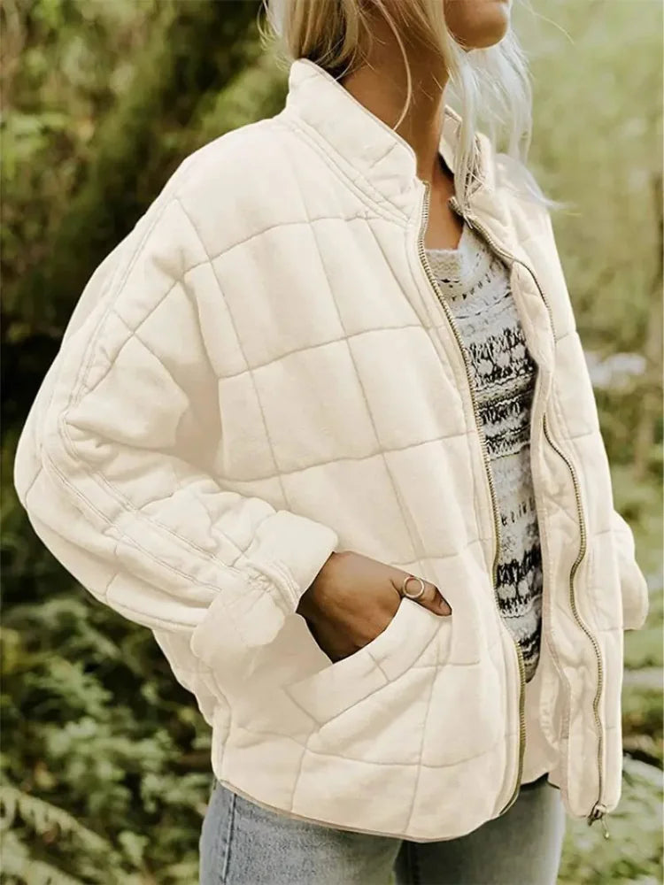 White Women's Quilted Jacket with Relaxed Oversized Fit - Front Worn Lifestyle