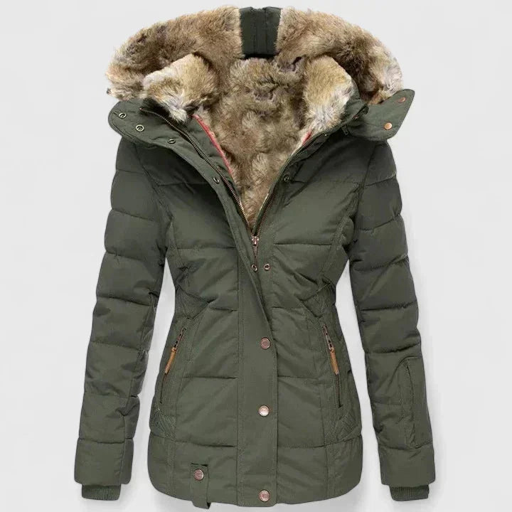 Green Women's Quilted Parka with Faux Fur Hood & Fitted Waist