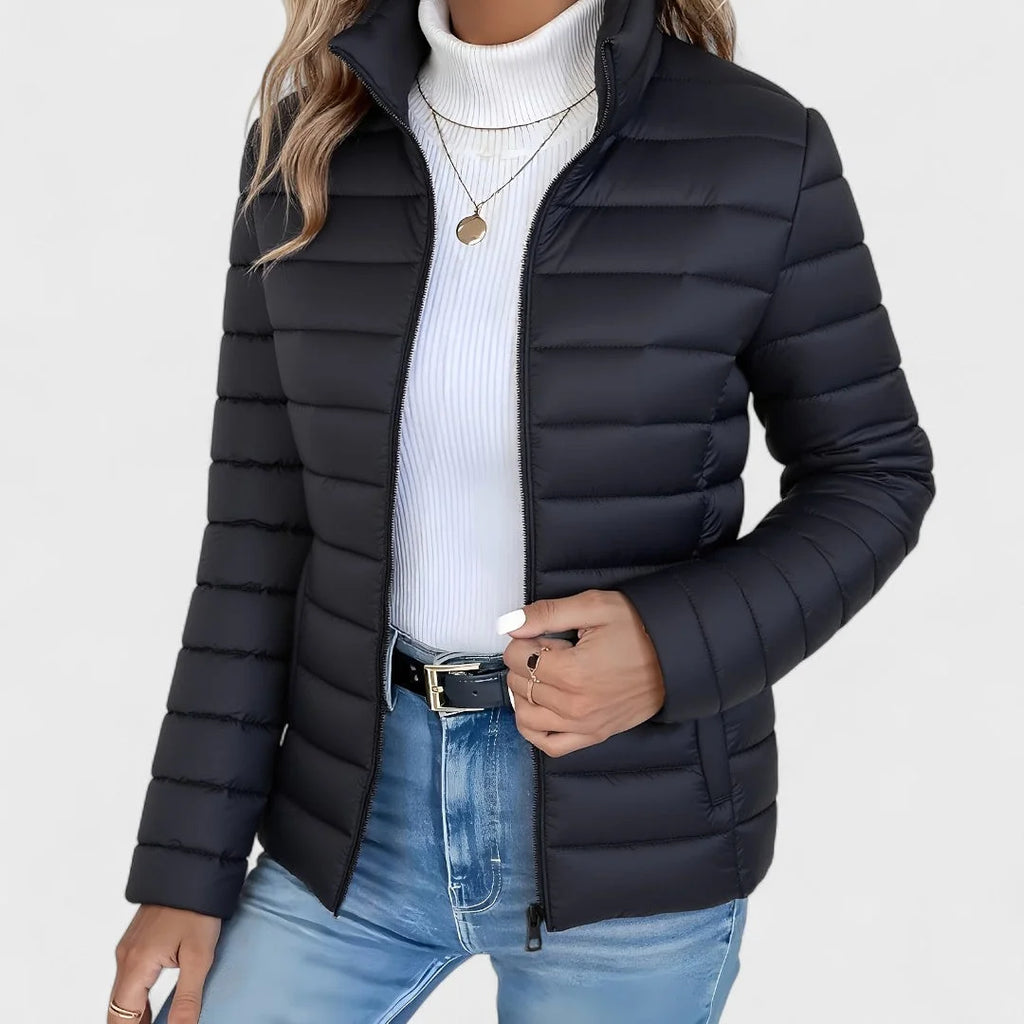 Black Women's Lightweight Quilted Jacket with Stand Collar & Zip Pockets — Victoria - Close Up Zipper