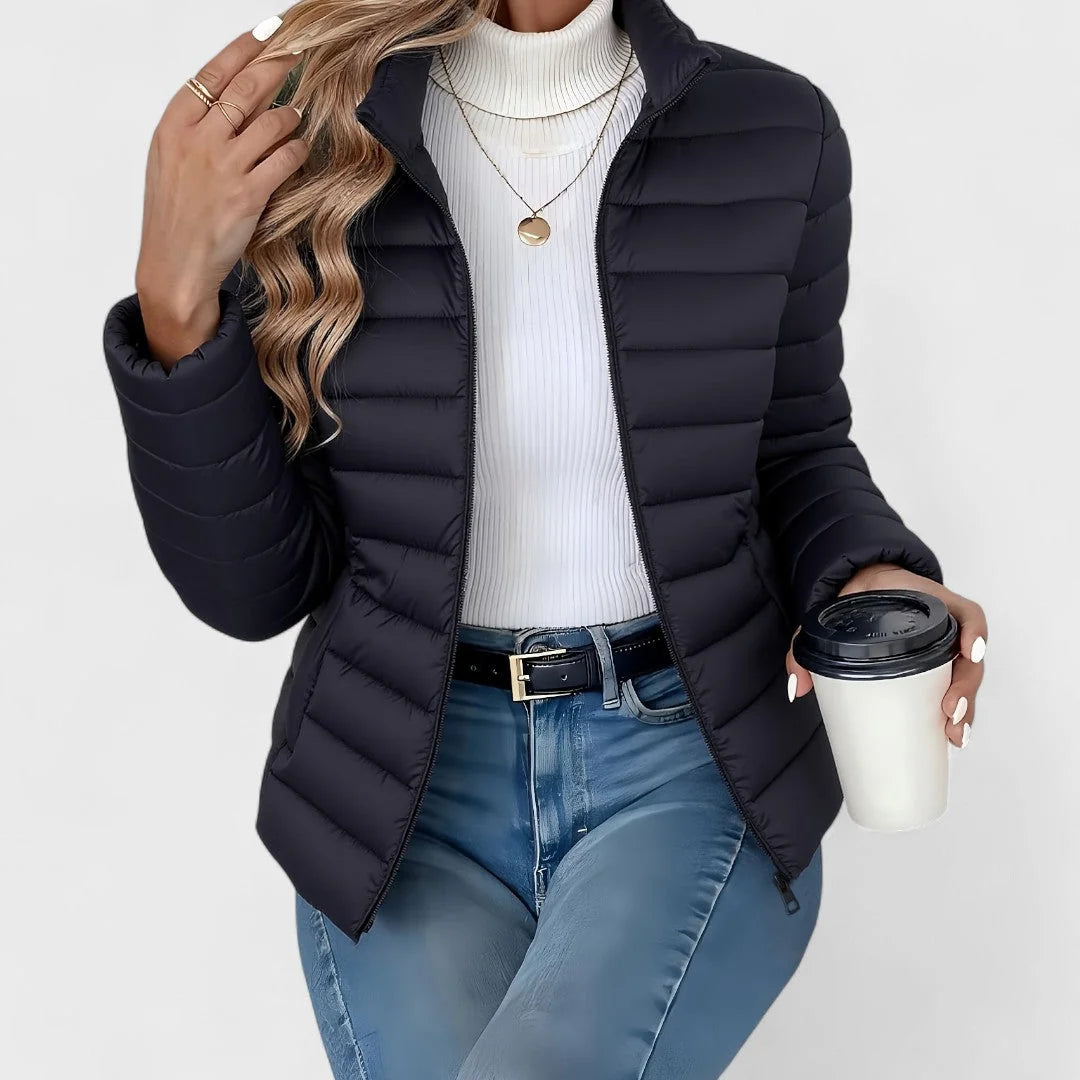 Black Women's Lightweight Quilted Jacket with Stand Collar & Zip Pockets — Victoria