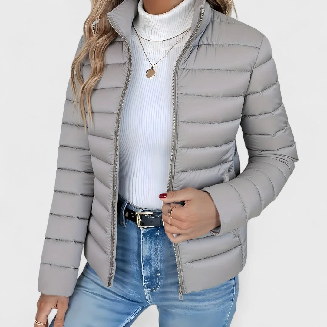 Grey Women's Lightweight Quilted Jacket with Stand Collar & Zip Pockets — Victoria - Close Up Sleeve