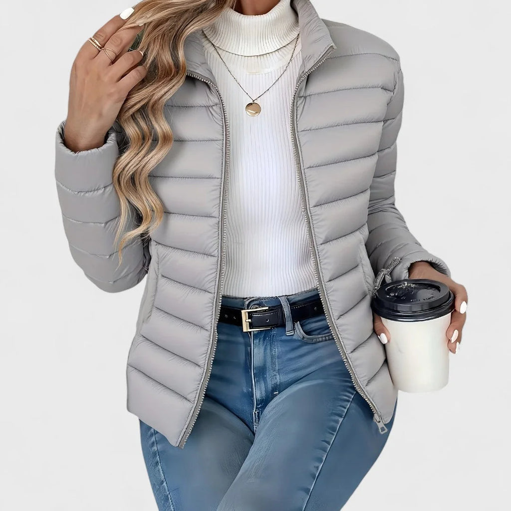 Grey Women's Lightweight Quilted Jacket with Stand Collar & Zip Pockets — Victoria