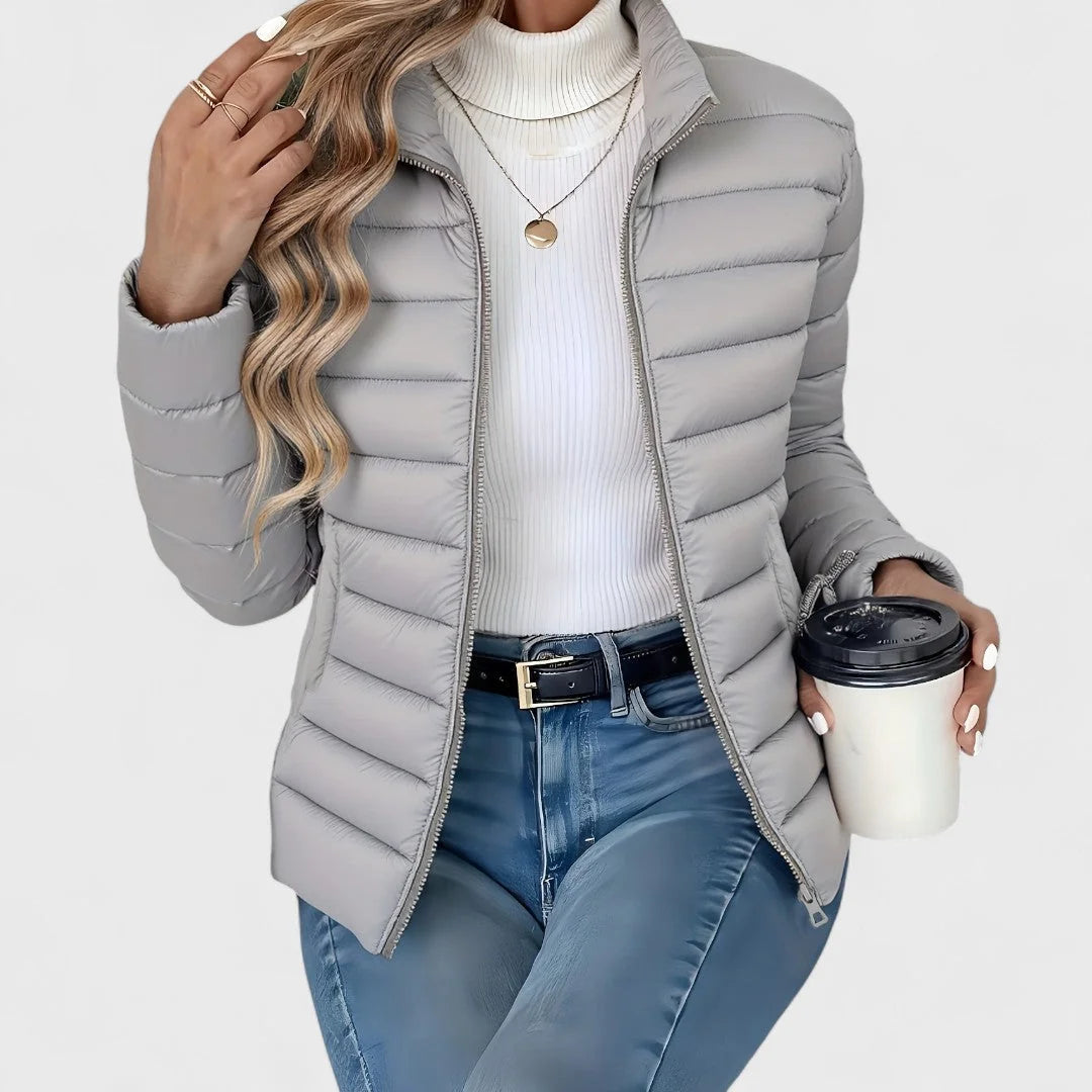 Grey Women's Lightweight Quilted Jacket with Stand Collar & Zip Pockets — Victoria