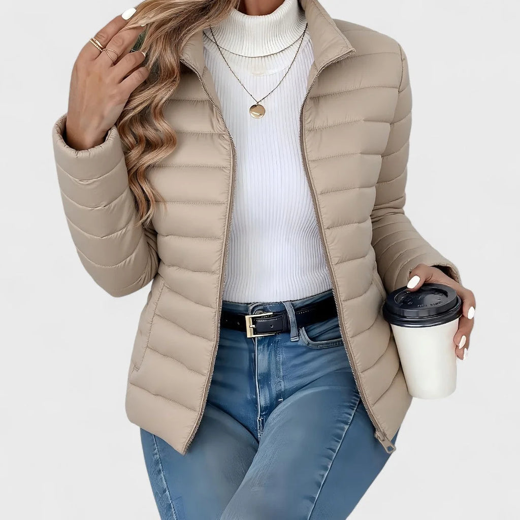 Khaki Women's Lightweight Quilted Jacket with Stand Collar & Zip Pockets — Victoria