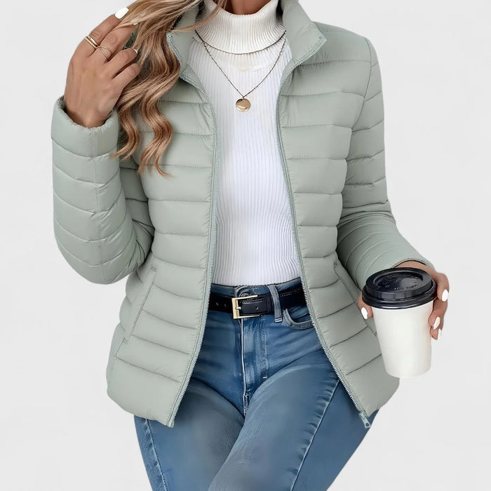 Light Green Women's Lightweight Quilted Jacket with Stand Collar & Zip Pockets — Victoria - Front Full Lifestyle