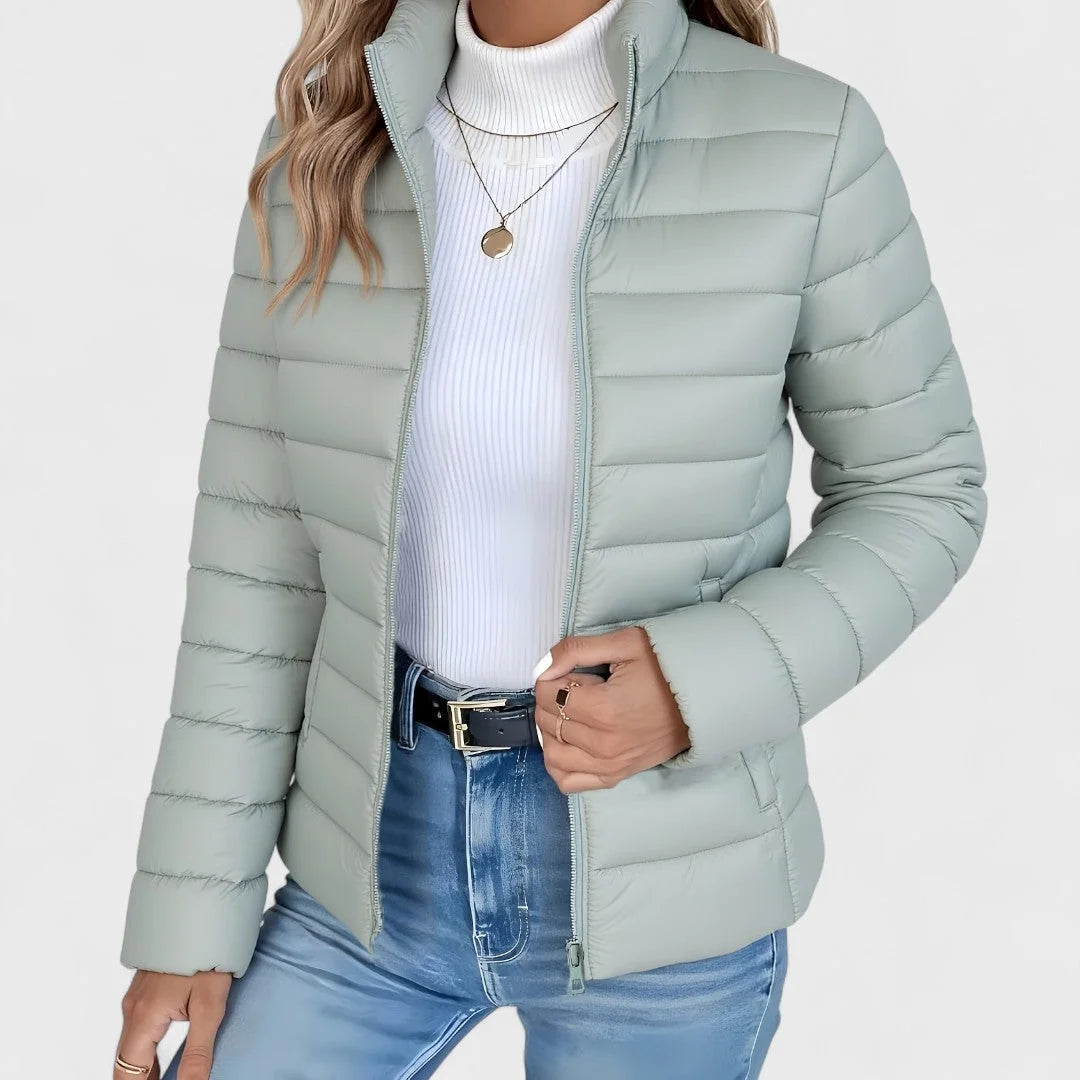 Light Green Women's Lightweight Quilted Jacket with Stand Collar & Zip Pockets — Victoria - Front Pose Detail