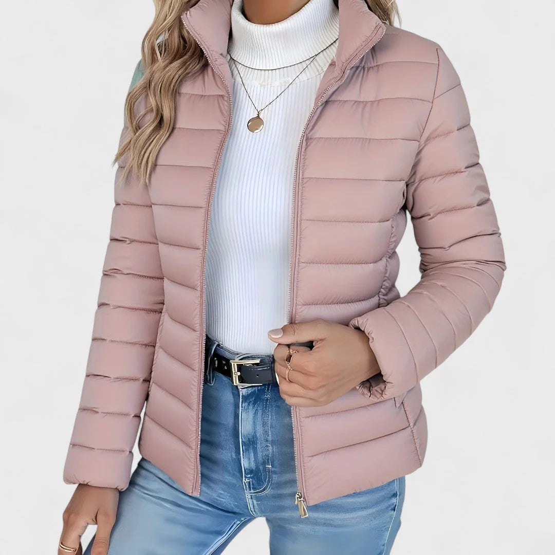 Pink Women's Lightweight Quilted Jacket with Stand Collar & Zip Pockets — Victoria - Close Up Hand