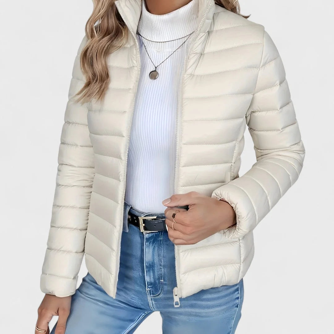White Women's Lightweight Quilted Jacket with Stand Collar & Zip Pockets — Victoria - Front Collar Detail