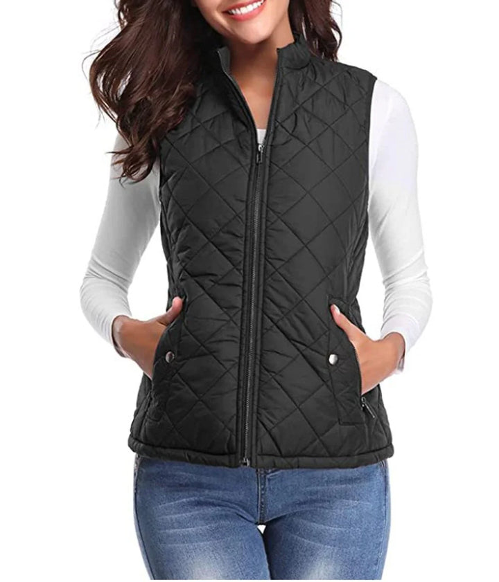 Black Women's Quilted Gilet with Zip-Front Closure & Snap Pockets — Kelly