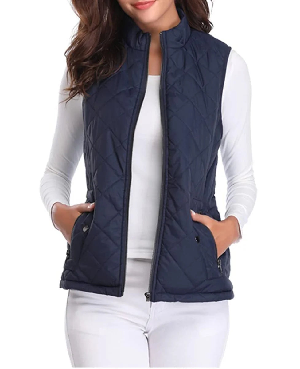 Blue Women's Quilted Gilet with Zip-Front Closure & Snap Pockets — Kelly