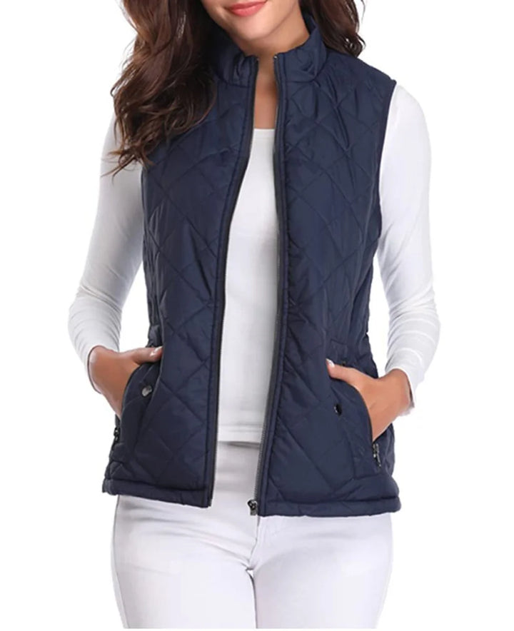Blue Women's Quilted Gilet with Zip-Front Closure & Snap Pockets — Kelly