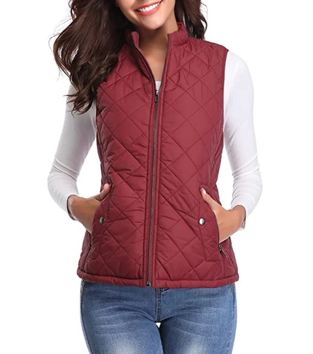 Burgundy Women's Quilted Gilet with Zip-Front Closure & Snap Pockets — Kelly