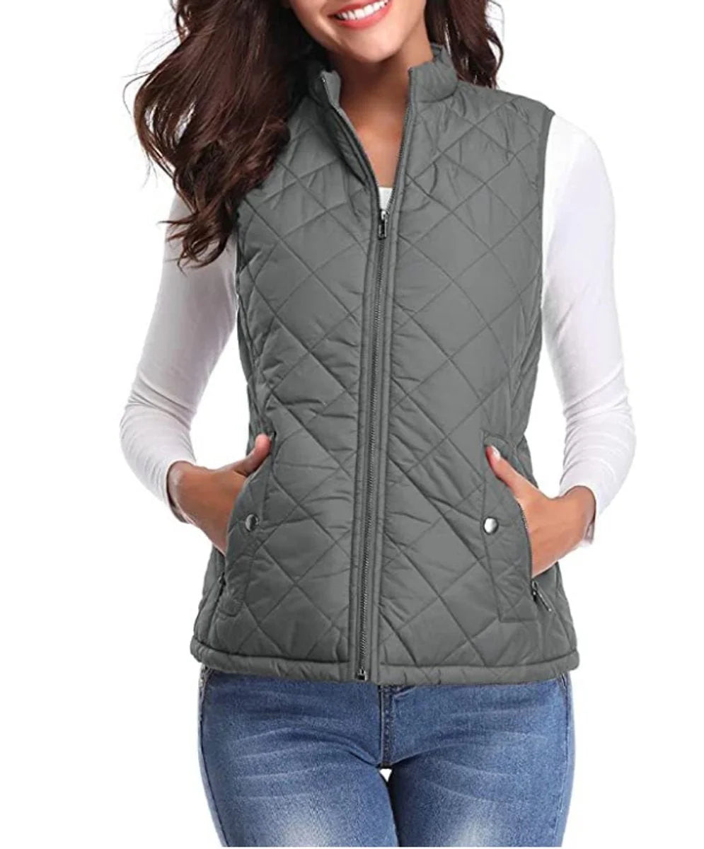 Grey Women's Quilted Gilet with Zip-Front Closure & Snap Pockets — Kelly