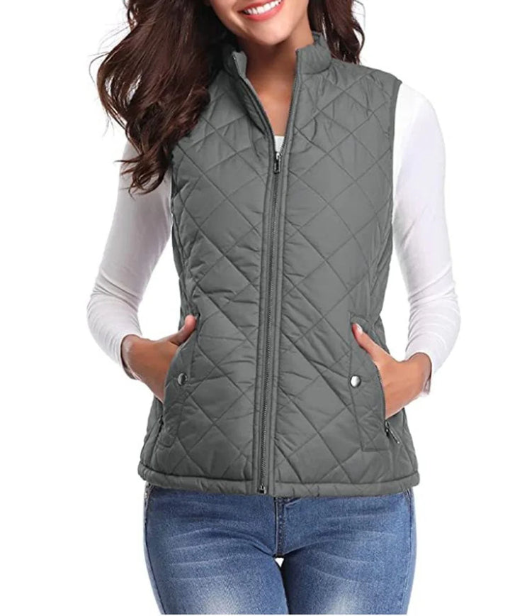 Grey Women's Quilted Gilet with Zip-Front Closure & Snap Pockets — Kelly