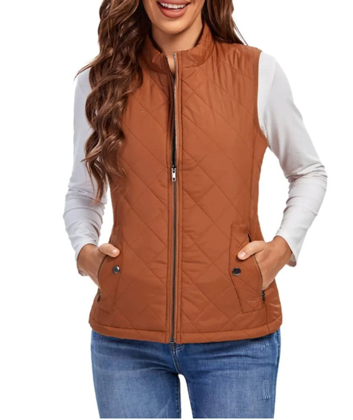 Khaki Women's Quilted Gilet with Zip-Front Closure & Snap Pockets — Kelly