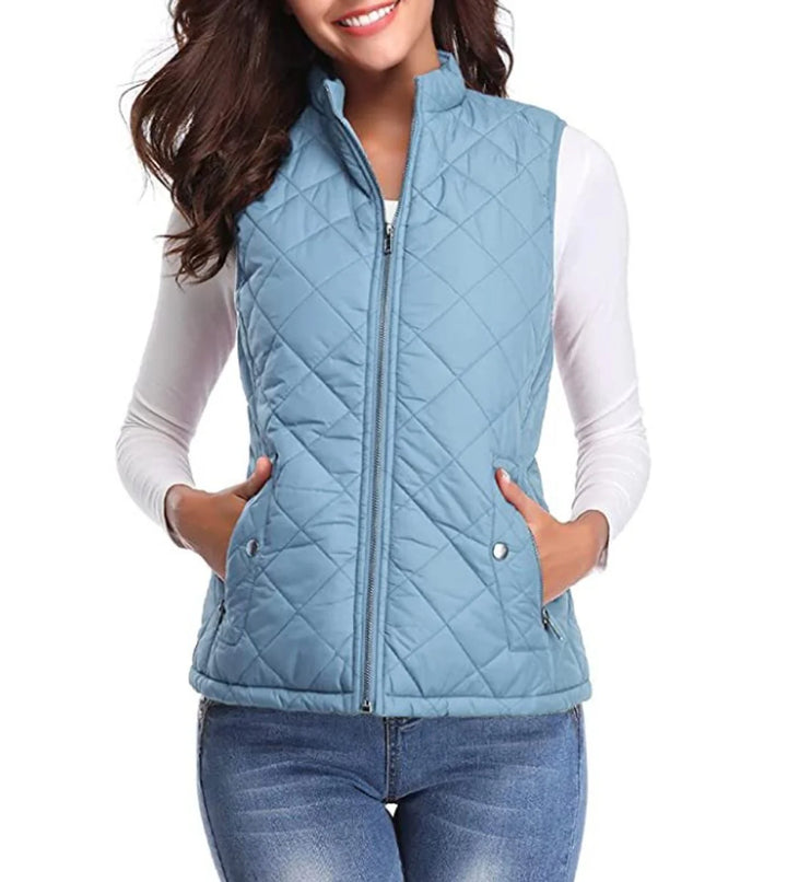 Light Blue Women's Quilted Gilet with Zip-Front Closure & Snap Pockets — Kelly