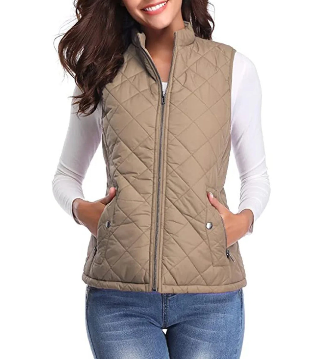 Light Women's Quilted Gilet with Zip-Front Closure & Snap Pockets — Kelly - Coffee