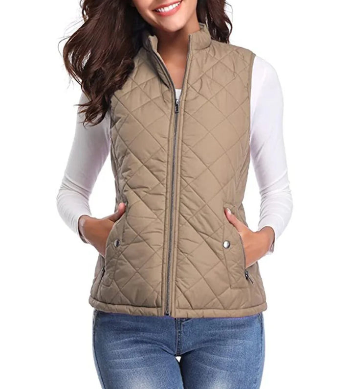 Light Women's Quilted Gilet with Zip-Front Closure & Snap Pockets — Kelly - Coffee