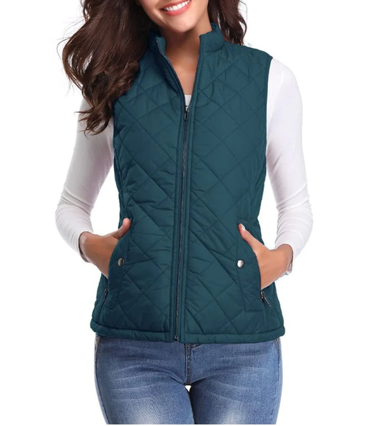 Ocean Women's Quilted Gilet with Zip-Front Closure & Snap Pockets — Kelly - Blue