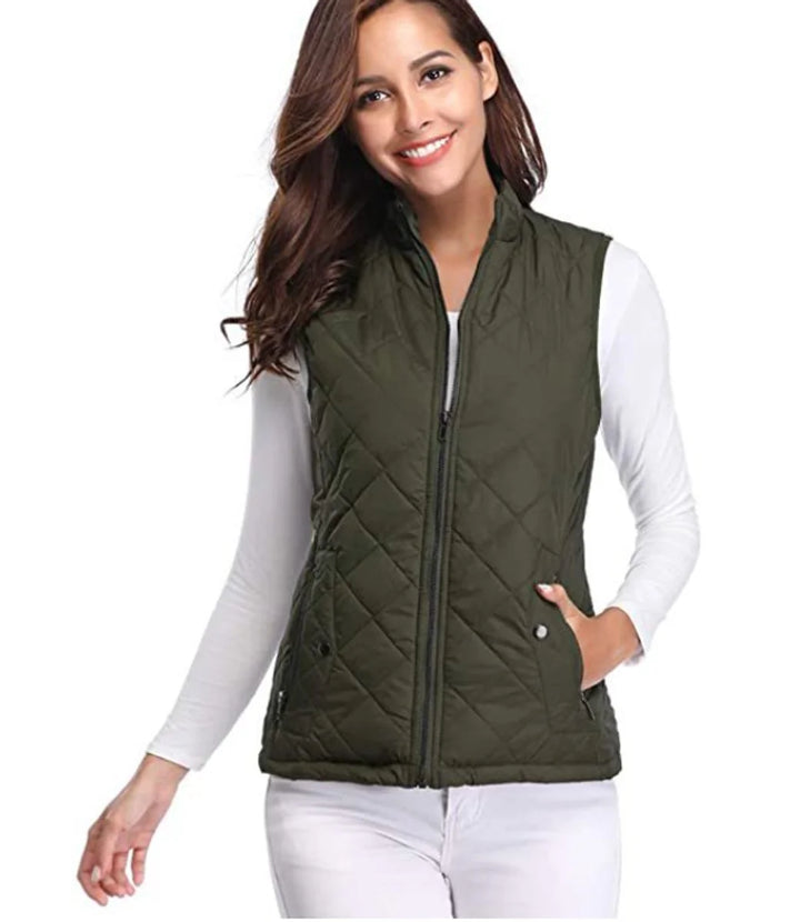 Olive Green Women's Quilted Gilet with Zip-Front Closure & Snap Pockets — Kelly
