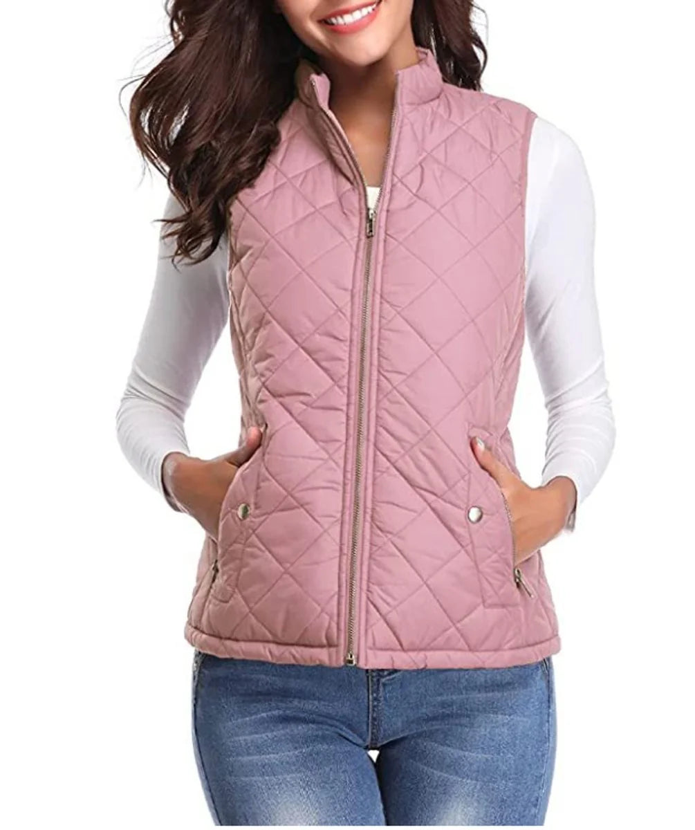 Pink Women's Quilted Gilet with Zip-Front Closure & Snap Pockets — Kelly