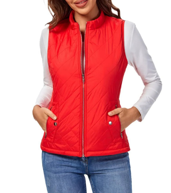Red Women's Quilted Gilet with Zip-Front Closure & Snap Pockets — Kelly