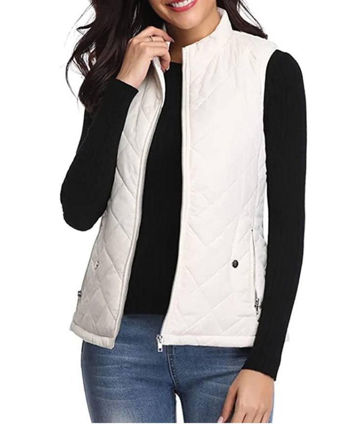 White Women's Quilted Gilet with Zip-Front Closure & Snap Pockets — Kelly