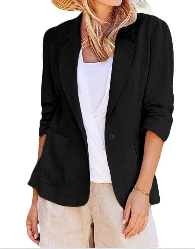 Black Women's Relaxed Blazer Jacket with Single-Button Closure & Rolled Sleeves — Sofia