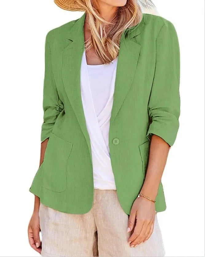 Green Women's Relaxed Blazer Jacket with Single-Button Closure & Rolled Sleeves — Sofia