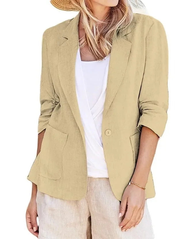 Khaki Women's Relaxed Blazer Jacket with Single-Button Closure & Rolled Sleeves — Sofia