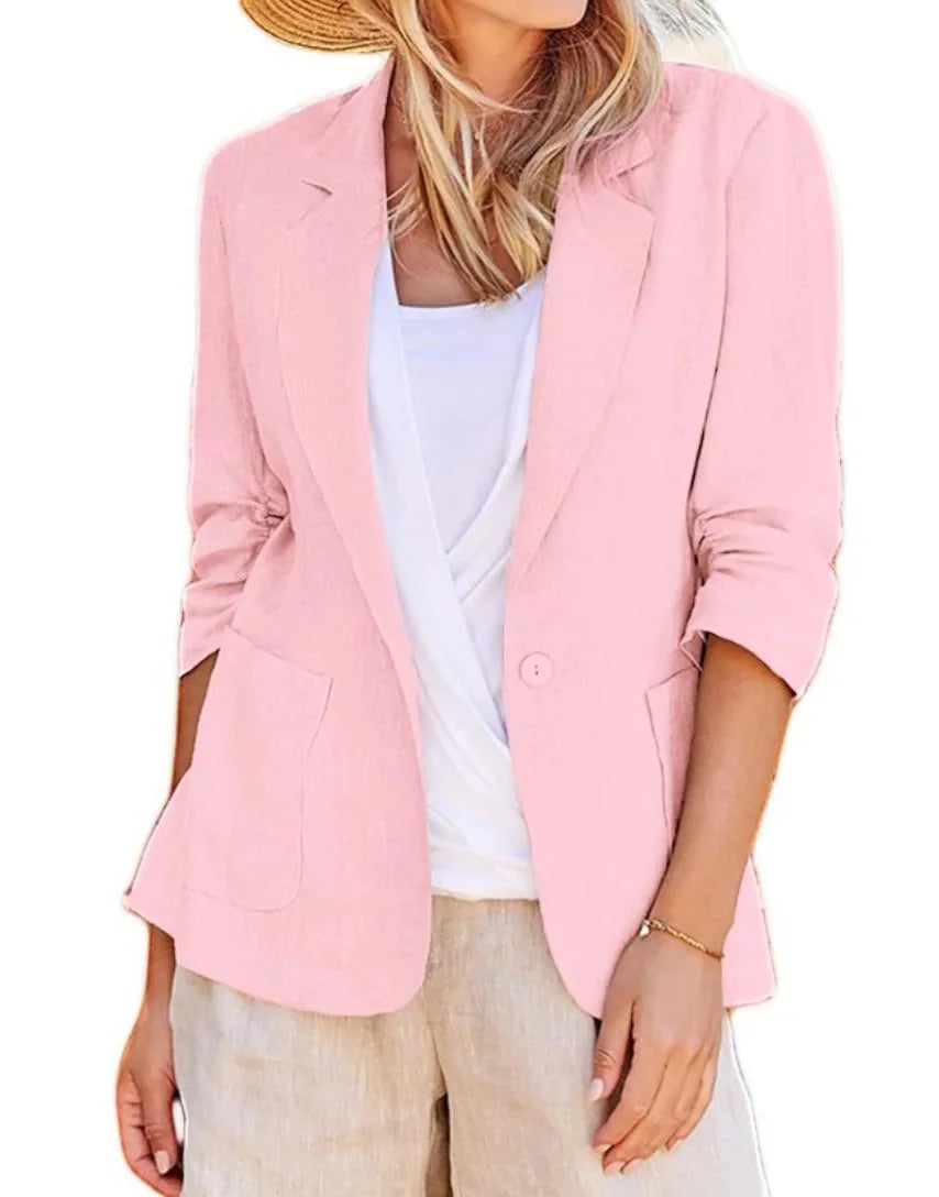 Pink Women's Relaxed Blazer Jacket with Single-Button Closure & Rolled Sleeves — Sofia