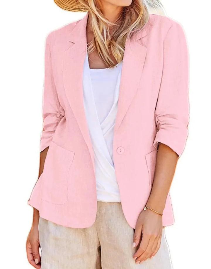 Pink Women's Relaxed Blazer Jacket with Single-Button Closure & Rolled Sleeves — Sofia