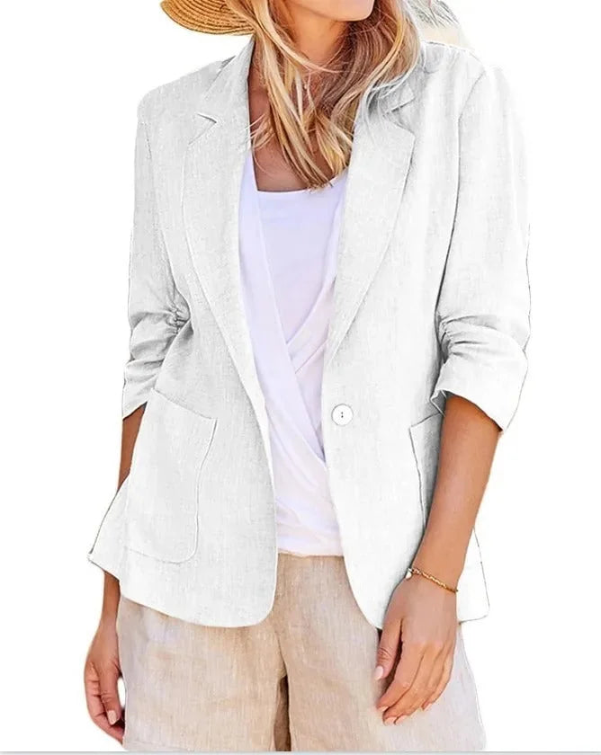 White Women's Relaxed Blazer Jacket with Single-Button Closure & Rolled Sleeves — Sofia