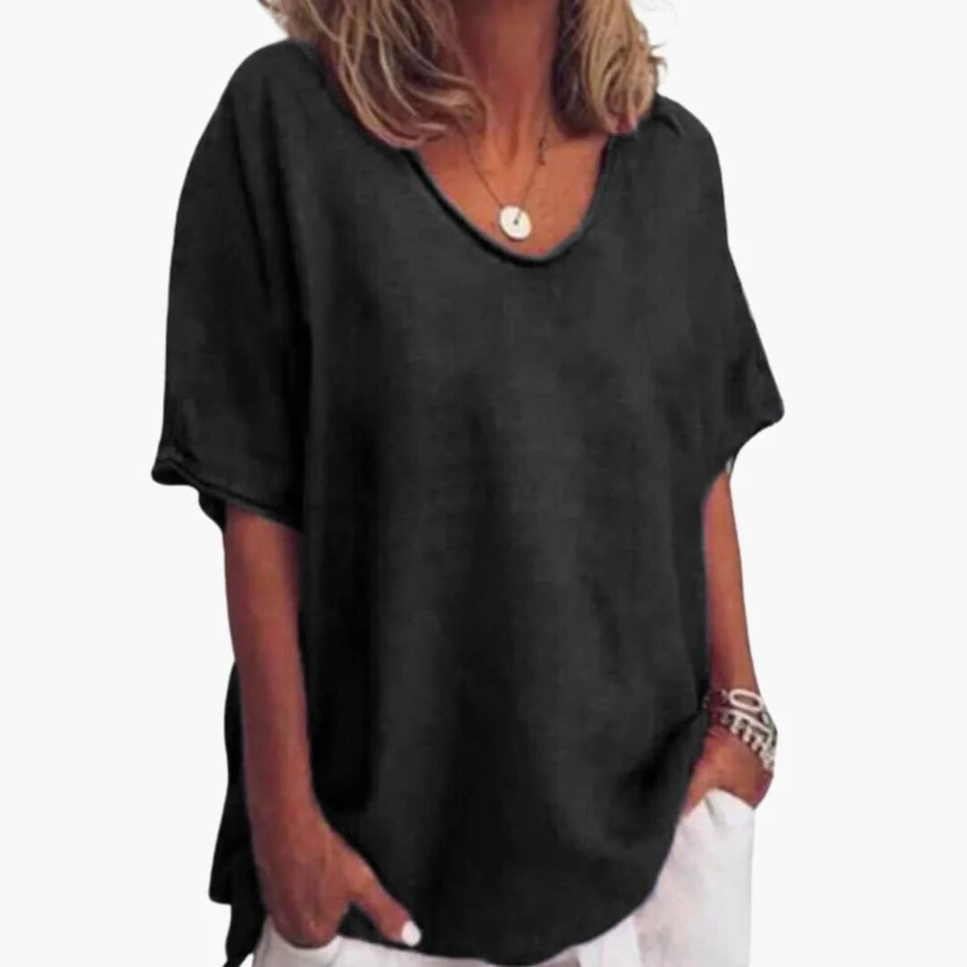 Black Women's Short Sleeve Blouse with V-Neck & Rolled Cuffs — Darcy