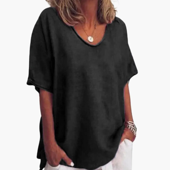 Black Women's Short Sleeve Blouse with V-Neck & Rolled Cuffs — Darcy