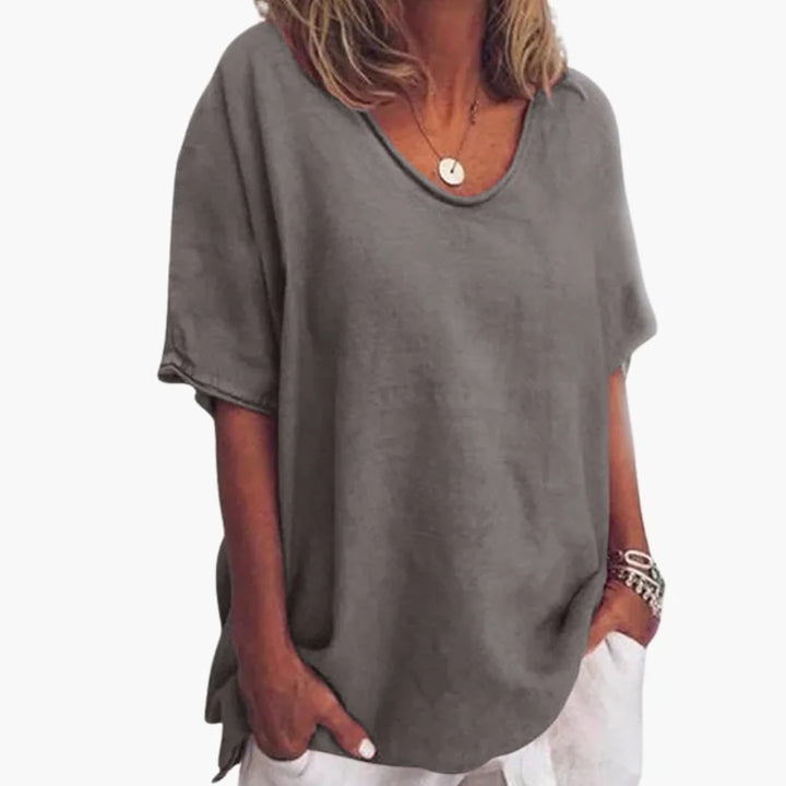 Dark Grey Women's Short Sleeve Blouse with V-Neck & Rolled Cuffs - Front Full