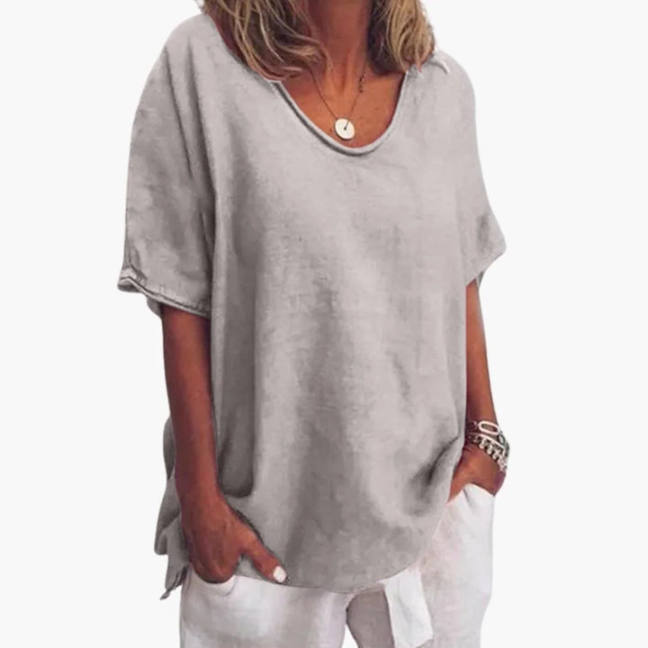 Grey Women's Short Sleeve Blouse with V-Neck & Rolled Cuffs - Front Close Torso