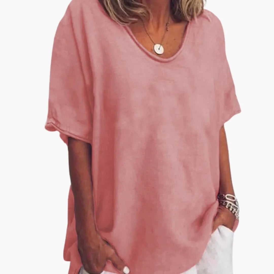 Pink Women's Short Sleeve Blouse with V-Neck & Rolled Cuffs - Front Detail Neckline